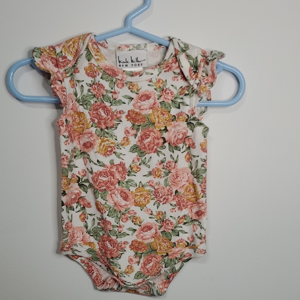 Nicole Miller Pink and Green Floral Bodysuit with Flutter Sleeves